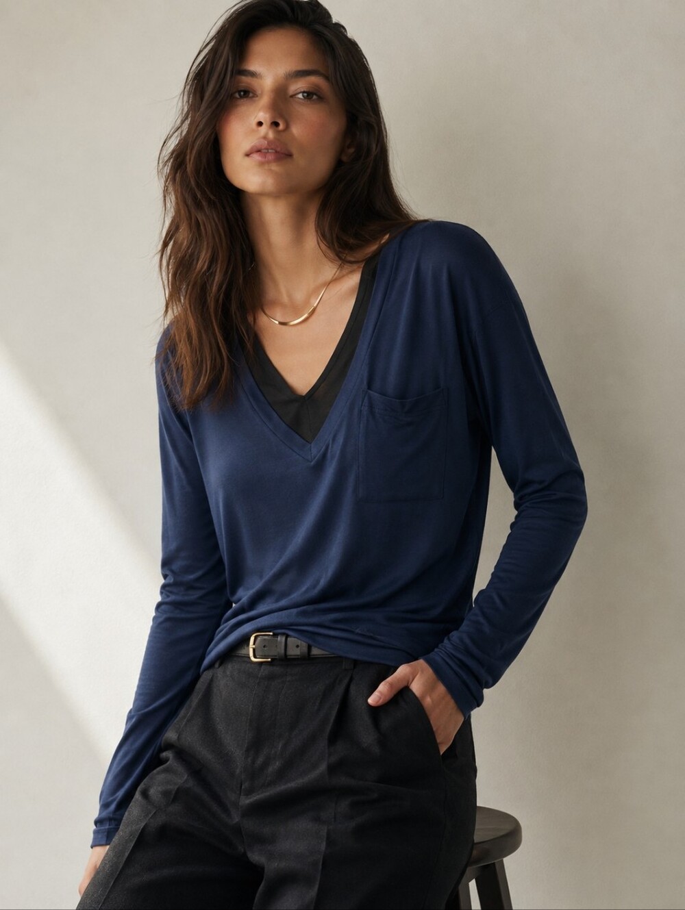 NWT Bordeaux x Anthropologie Layered Blue / Black V Neck Long Sleeve Tee T-Shirt